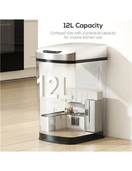 HOMCOM 12L Sensor Bin, Automatic Touchless Motion Sensor Kitchen Bin with Fingerprint Resistant Stainless Steel, Silver - pic 203557 | FastDaddyshop