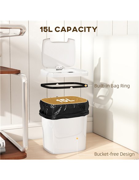 HOMCOM 15L Sensor Bin, Automatic Touchless Kitchen Bin, Easy Clean, Battery Operated for Home Office, Bedroom, Bathroom, White - pic 203567 | FastDaddyshop