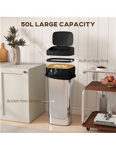 HOMCOM 50L Stainless Steel Sensor Bin - Silver Tone