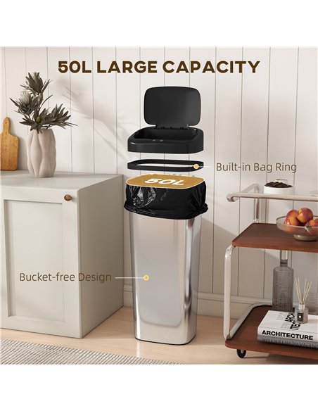 HOMCOM 50L Stainless Steel Sensor Bin - Silver Tone - pic 203576 | FastDaddyshop