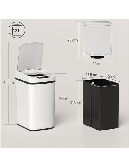 HOMCOM 12L Sensor Bin, Automatic Touchless Motion Sensor Kitchen Bin with Fingerprint Resistant Stainless Steel, White - pic 203600 | FastDaddyshop