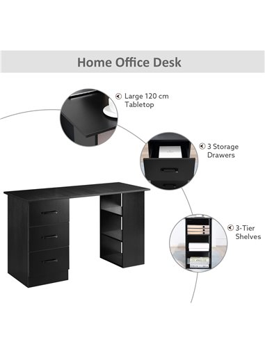 HOMCOM 120cm Computer Desk with Storage Shelves Drawers, Writing Table Study Workstation for Home Office, Black