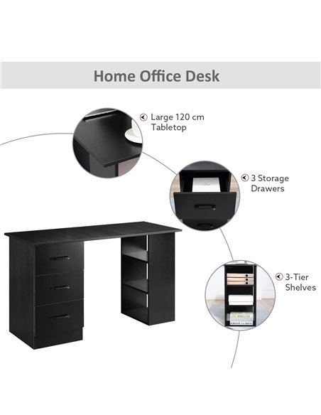 HOMCOM 120cm Computer Desk with Storage Shelves Drawers, Writing Table Study Workstation for Home Office, Black - pic 20361 | FastDaddyshop