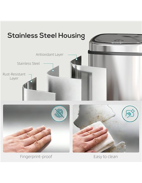 HOMCOM 50L Stainless Steel Sensor Bin - Silver Tone - pic 203614 | FastDaddyshop
