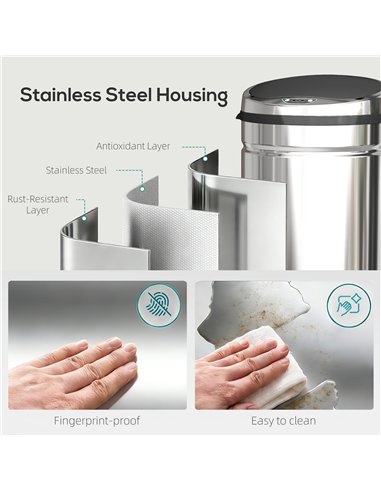 HOMCOM 42L Automatic Motion Sensor Rubbish Bin with Fingerprint Resistant, Stainless Steel, Silver Tone