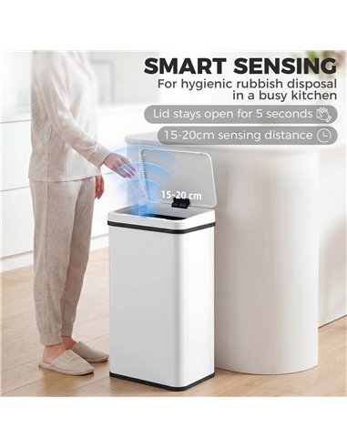 HOMCOM 50L Sensor Bin with Soft-Close Lid, Stainless Steel Automatic Touchless Motion Sensor Kitchen Bin, White