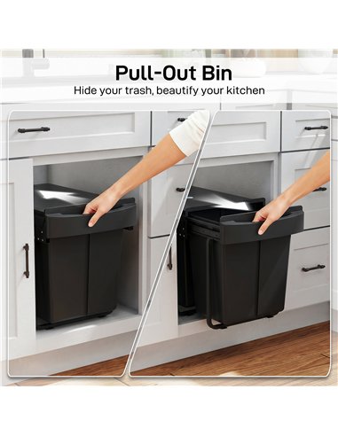 HOMCOM Pull Out Bin, Kitchen Under Sink Bin with 2 Removable Compartments, Smooth Glide, Black