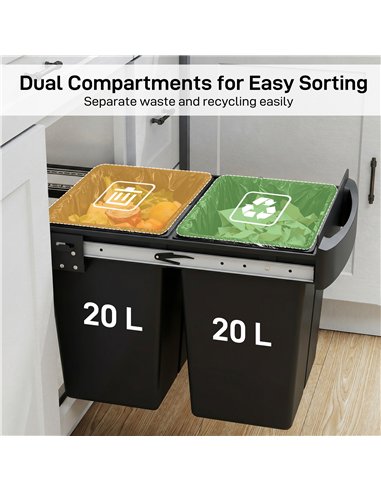 HOMCOM Pull Out Bin, Kitchen Under Sink Bin with 2 Removable Compartments, Smooth Glide, Black