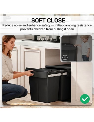 HOMCOM Pull Out Bin, Kitchen Under Sink Bin with 2 Removable Compartments, Smooth Glide, Black