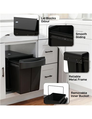 HOMCOM Pull Out Bin, Kitchen Under Sink Bin with 2 Removable Compartments, Smooth Glide, Black
