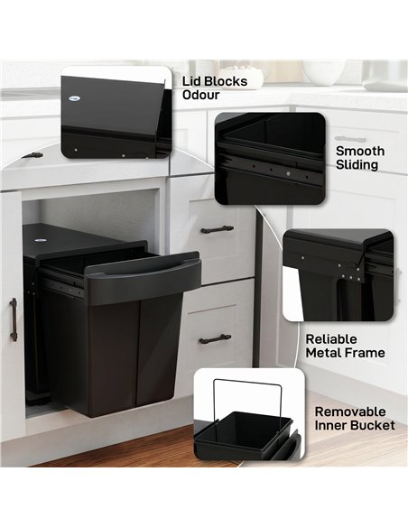 HOMCOM Pull Out Bin, Kitchen Under Sink Bin with 2 Removable Compartments, Smooth Glide, Black - pic 203686 | FastDaddyshop
