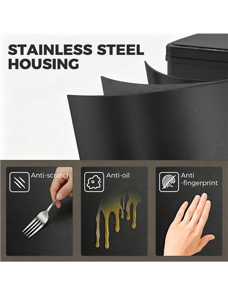 HOMCOM 50L Sensor Bin with Soft-Close Lid, Stainless Steel Automatic Touchless Motion Sensor Kitchen Bin, Black - pic 203693 | FastDaddyshop