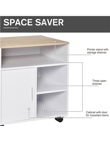 HOMCOM Multi-Storage Printer Stand Unit, Mobile Storage with Wheels, White-Oak