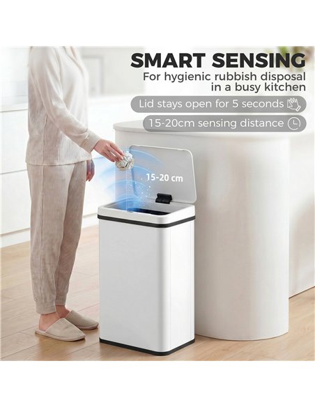 HOMCOM 40L Sensor Bin with Soft-Close Lid, Stainless Steel Automatic Touchless Motion Sensor Kitchen Bin, White - pic 203700 | FastDaddyshop