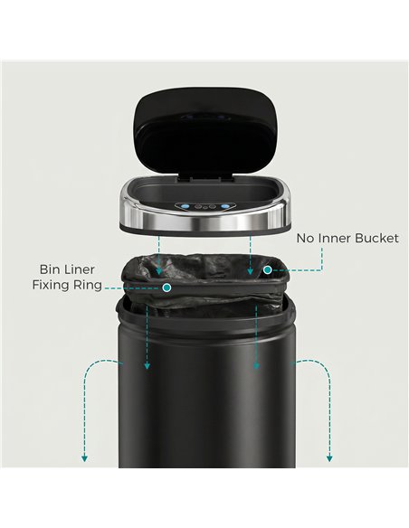 HOMCOM 42L Automatic Motion Sensor Rubbish Bin with Fingerprint Resistant, Stainless Steel, Black - pic 203711 | FastDaddyshop