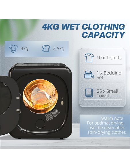HOMCOM 4 kg Compact Tumble Dryer, with UV Sterilisation - Black - pic 203719 | FastDaddyshop
