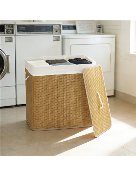 HOMCOM 3 Section Laundry Basket with Lid, 144L Bamboo Laundry Hamper with Handles, Removable and Washable Liner, Brown - pic 203743 | FastDaddyshop