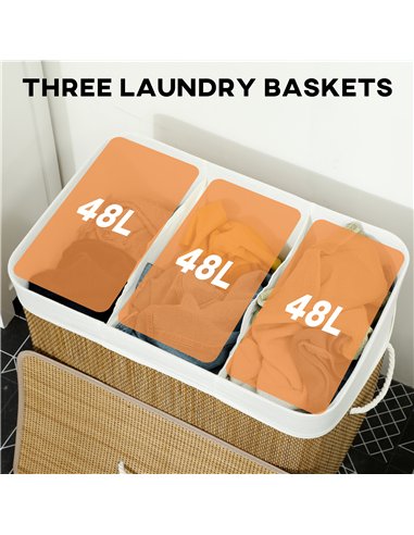 HOMCOM 3 Section Laundry Basket with Lid, 144L Bamboo Laundry Hamper with Handles, Removable and Washable Liner, Brown