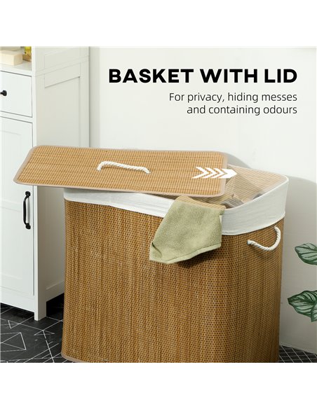 HOMCOM 3 Section Laundry Basket with Lid, 144L Bamboo Laundry Hamper with Handles, Removable and Washable Liner, Brown - pic 203746 | FastDaddyshop