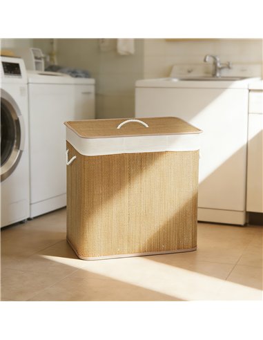 HOMCOM 3 Section Laundry Basket with Lid, 144L Bamboo Laundry Hamper with Handles, Removable and Washable Liner, Brown
