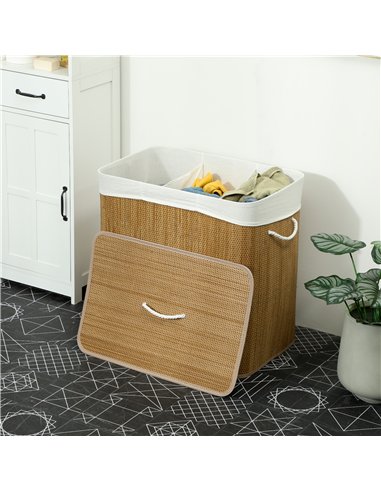 HOMCOM 3 Section Laundry Basket with Lid, 144L Bamboo Laundry Hamper with Handles, Removable and Washable Liner, Brown