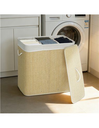HOMCOM 3 Section Laundry Basket with Lid, 144L Bamboo Laundry Hamper with Handles, Removable and Washable Liner, Cream White