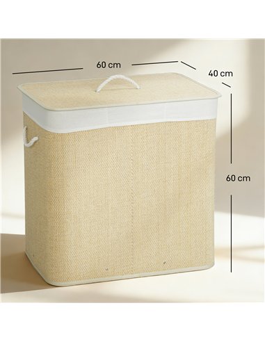 HOMCOM 3 Section Laundry Basket with Lid, 144L Bamboo Laundry Hamper with Handles, Removable and Washable Liner, Cream White