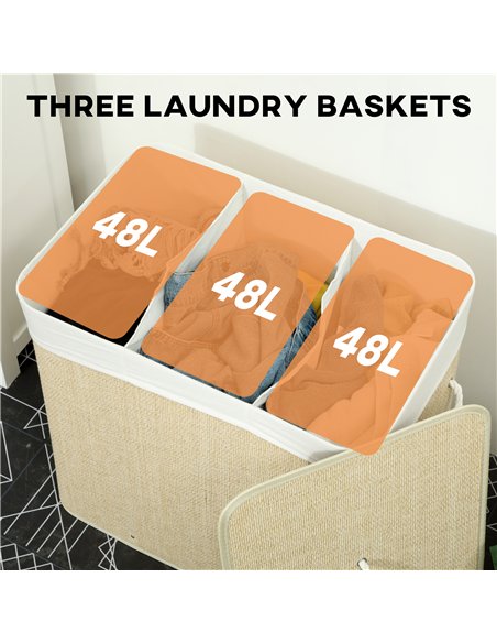 HOMCOM 3 Section Laundry Basket with Lid, 144L Bamboo Laundry Hamper with Handles, Removable and Washable Liner, Cream White - pic 203754 | FastDaddyshop