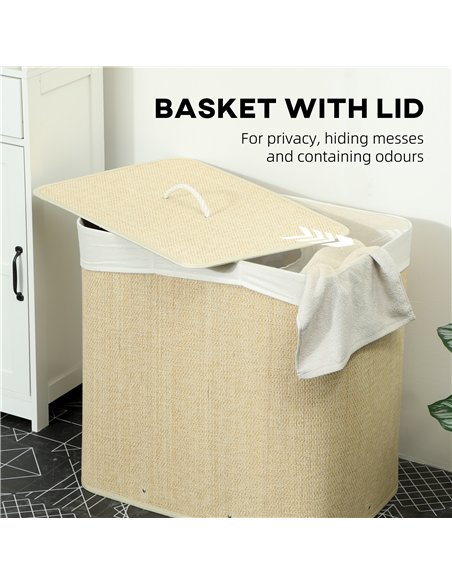 HOMCOM 3 Section Laundry Basket with Lid, 144L Bamboo Laundry Hamper with Handles, Removable and Washable Liner, Cream White - pic 203755 | FastDaddyshop