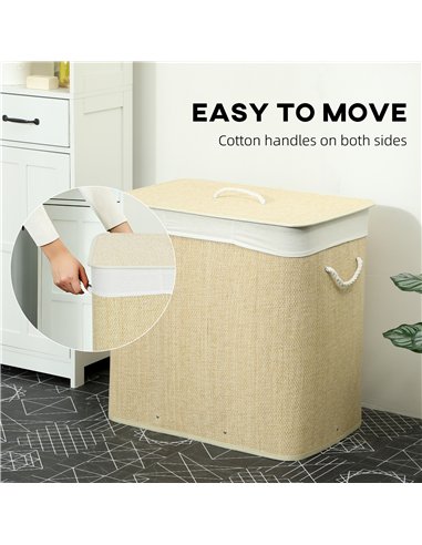 HOMCOM 3 Section Laundry Basket with Lid, 144L Bamboo Laundry Hamper with Handles, Removable and Washable Liner, Cream White