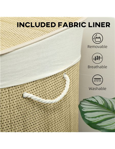 HOMCOM 3 Section Laundry Basket with Lid, 144L Bamboo Laundry Hamper with Handles, Removable and Washable Liner, Cream White - pic 203757 | FastDaddyshop