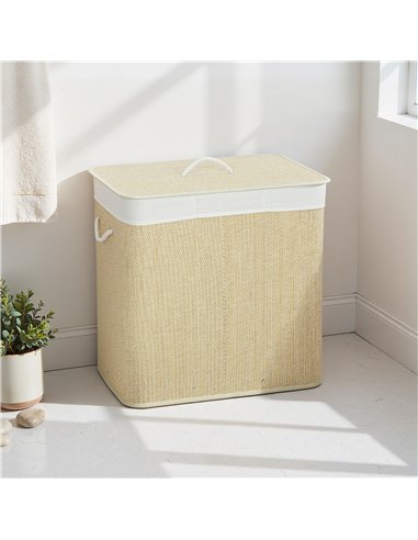 HOMCOM 3 Section Laundry Basket with Lid, 144L Bamboo Laundry Hamper with Handles, Removable and Washable Liner, Cream White
