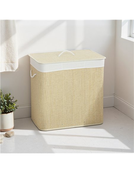 HOMCOM 3 Section Laundry Basket with Lid, 144L Bamboo Laundry Hamper with Handles, Removable and Washable Liner, Cream White - pic 203758 | FastDaddyshop