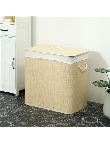 HOMCOM 3 Section Laundry Basket with Lid, 144L Bamboo Laundry Hamper with Handles, Removable and Washable Liner, Cream White