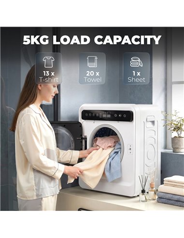 HOMCOM 5kg Vented Tumble Dryer, 1000W Compact Tumble Dryer with Smart Drying, Freestanding Stackable Clothes Drying Machine