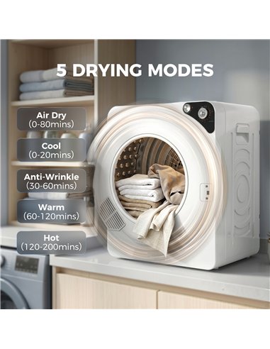 HOMCOM 5kg Vented Tumble Dryer, 1000W Compact Tumble Dryer with 5 Drying Modes, Stainless Steel Tub, White