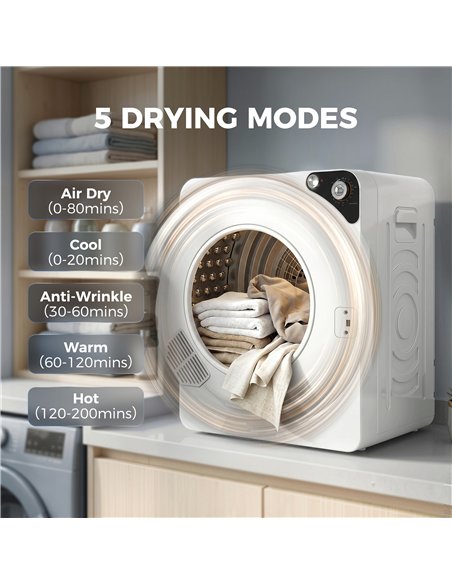 HOMCOM 5kg Vented Tumble Dryer, 1000W Compact Tumble Dryer with 5 Drying Modes, Stainless Steel Tub, White - pic 203772 | FastDaddyshop