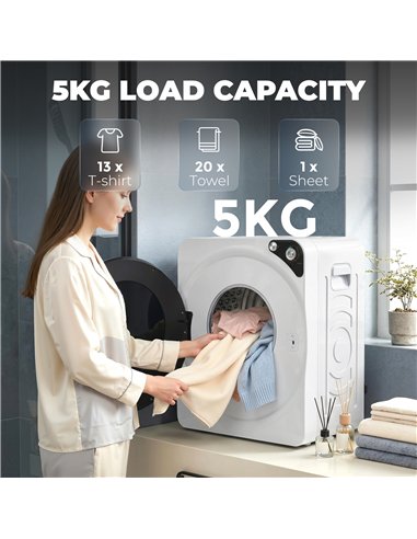 HOMCOM 5kg Vented Tumble Dryer, 1000W Compact Tumble Dryer with 5 Drying Modes, Stainless Steel Tub, White
