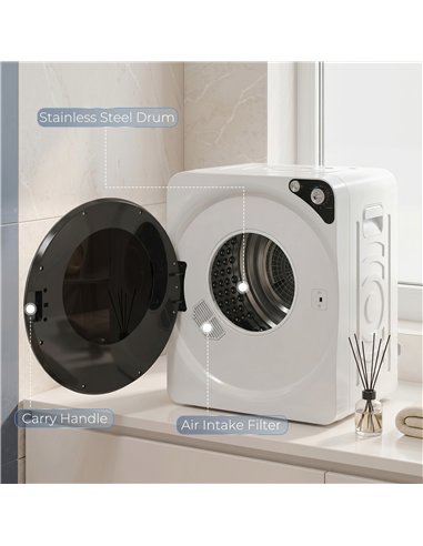 HOMCOM 5kg Vented Tumble Dryer, 1000W Compact Tumble Dryer with 5 Drying Modes, Stainless Steel Tub, White