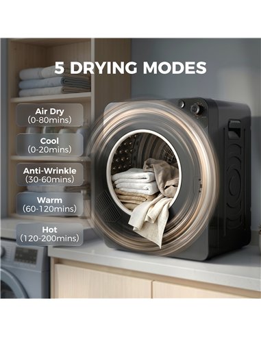 HOMCOM 5kg Vented Tumble Dryer, 1000W Compact Tumble Dryer with 5 Drying Modes, Stainless Steel Tub, Black