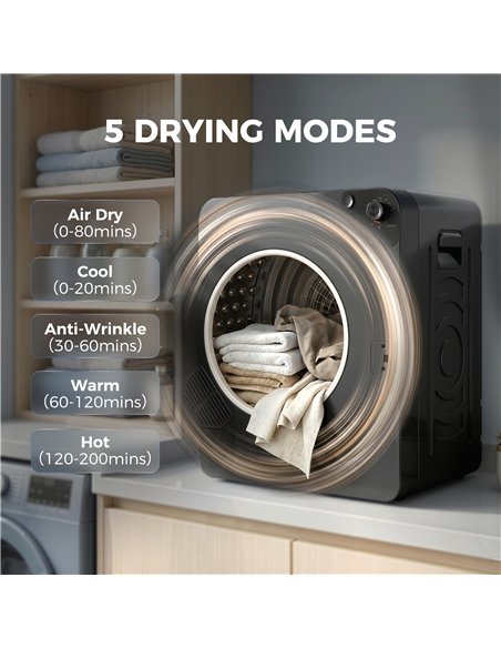 HOMCOM 5kg Vented Tumble Dryer, 1000W Compact Tumble Dryer with 5 Drying Modes, Stainless Steel Tub, Black - pic 203781 | FastDaddyshop