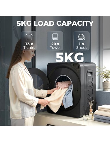 HOMCOM 5kg Vented Tumble Dryer, 1000W Compact Tumble Dryer with 5 Drying Modes, Stainless Steel Tub, Black