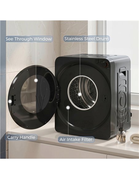 HOMCOM 5kg Vented Tumble Dryer, 1000W Compact Tumble Dryer with 5 Drying Modes, Stainless Steel Tub, Black - pic 203784 | FastDaddyshop