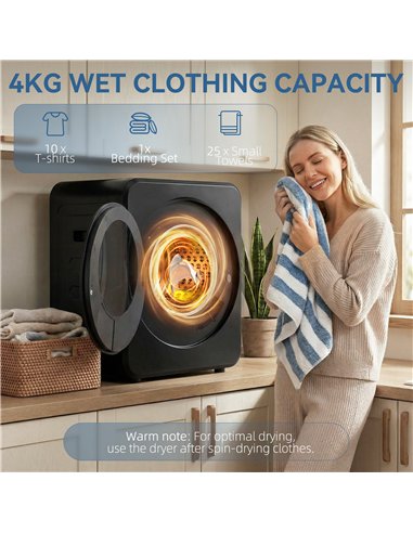 HOMCOM Vented Tumble Dryer, 4 kg Front Tumble Dryer with Stainless Steel Tub, 800W Compact Freestanding Black