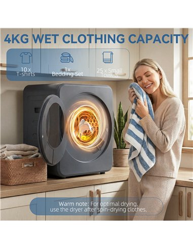 HOMCOM Vented Tumble Dryer, 4 kg Front Tumble Dryer with Stainless Steel Tub, 800W Compact Freestanding Grey