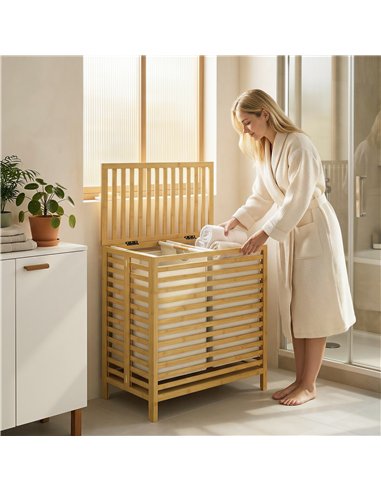 HOMCOM Bamboo Laundry Basket with Lid, 2 Baskets, Foldable, 64L, Natural and Cream White