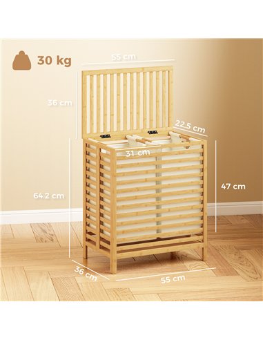 HOMCOM Bamboo Laundry Basket with Lid, 2 Baskets, Foldable, 64L, Natural and Cream White