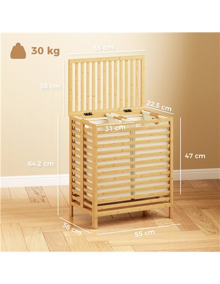 HOMCOM Bamboo Laundry Basket with Lid, 2 Baskets, Foldable, 64L, Natural and Cream White - pic 203834 | FastDaddyshop
