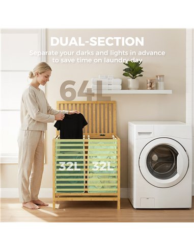 HOMCOM Bamboo Laundry Basket with Lid, 2 Baskets, Foldable, 64L, Natural and Cream White