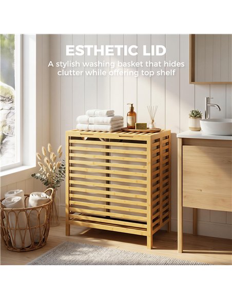 HOMCOM Bamboo Laundry Basket with Lid, 2 Baskets, Foldable, 64L, Natural and Cream White - pic 203836 | FastDaddyshop